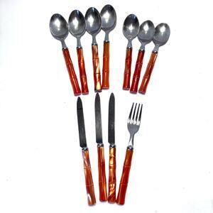 Vintage Italian Bamboo Flatware Set, Inox, Amber Resin, Mid Century